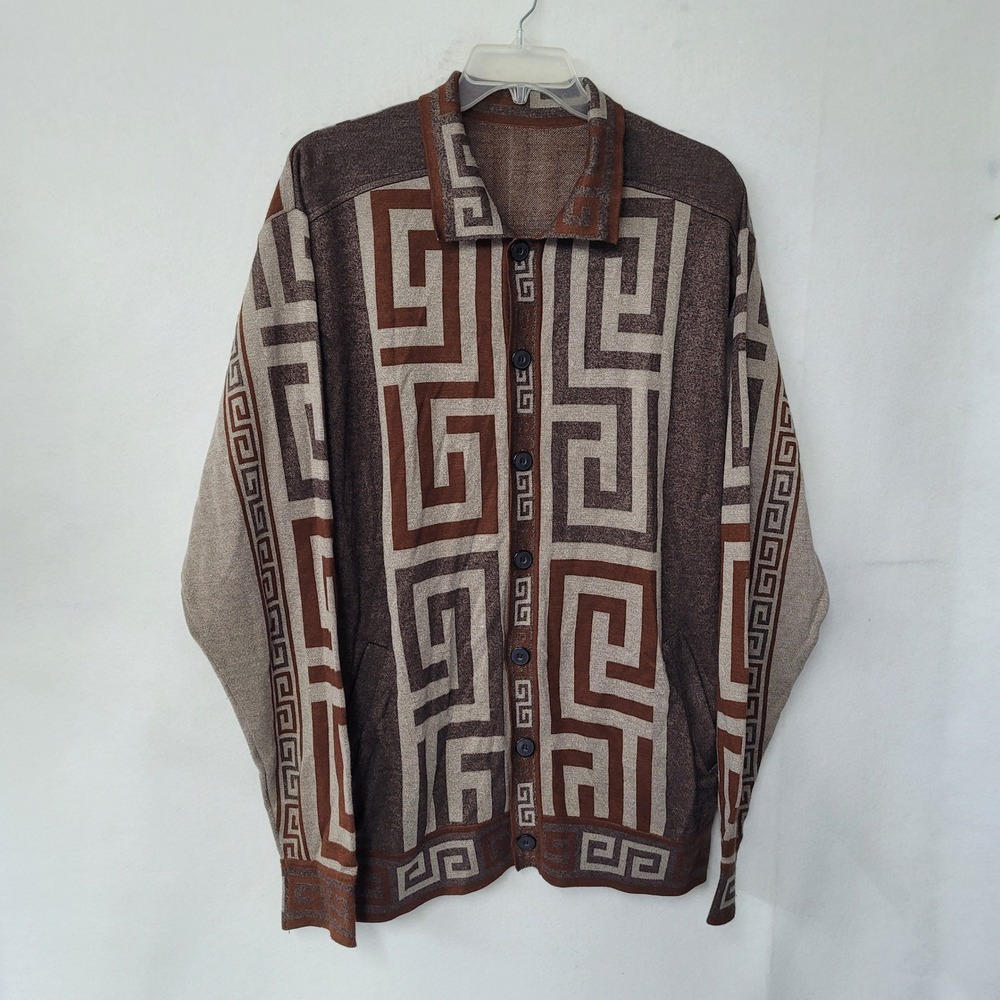 Vintage Prestige Greek Key Pattern Button Down Sweater Cardigan‎ Menswear Large